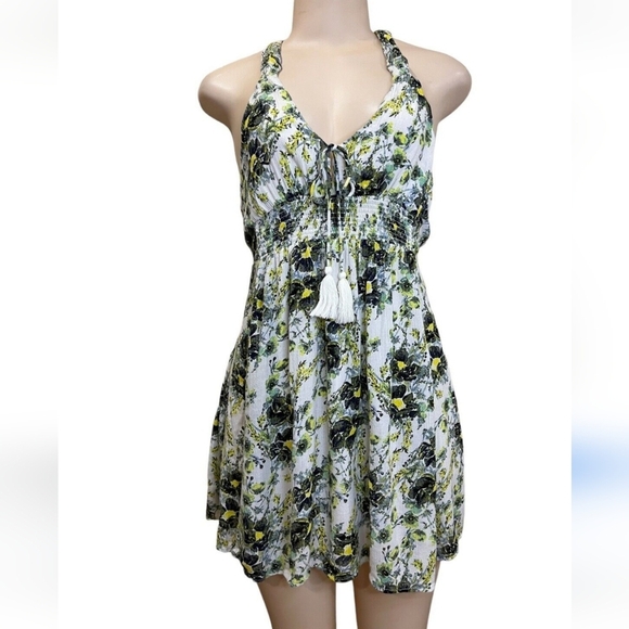 Free People Dresses & Skirts - Free People Women's  Ivory Green Floral Gauze Mini Dress Size Medium